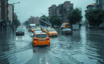 Flooded urban landscape with submerged vehicles and waterlogged streets after heavy rain in Accra, Ghana.