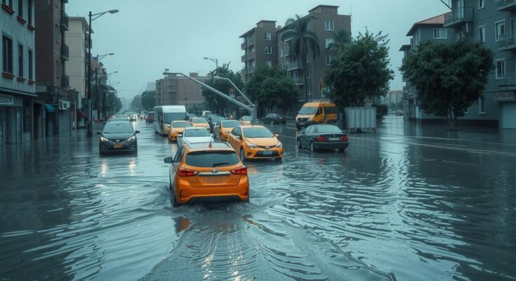 Flooded urban landscape with submerged vehicles and waterlogged streets after heavy rain in Accra, Ghana.