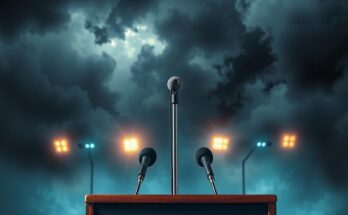 An angry political scene with a podium, microphones, and stormy clouds, symbolizing tension and conflict in a press conference.