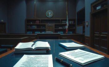A courtroom scene depicting a high-profile election fraud trial with documents and legal materials on the table.