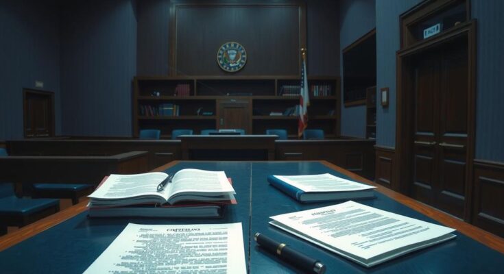 A courtroom scene depicting a high-profile election fraud trial with documents and legal materials on the table.