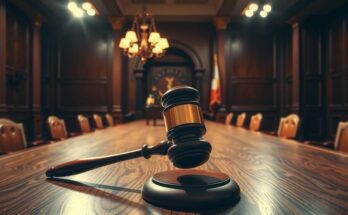 A gavel on a judiciary desk symbolizes universal justice in a courtroom setting, reflecting justice for war crimes.