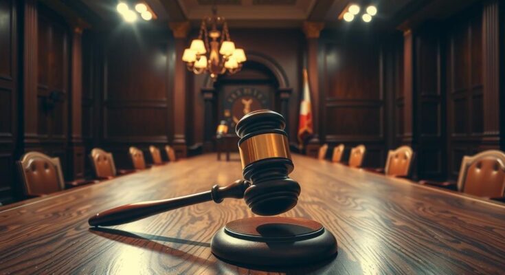 A gavel on a judiciary desk symbolizes universal justice in a courtroom setting, reflecting justice for war crimes.