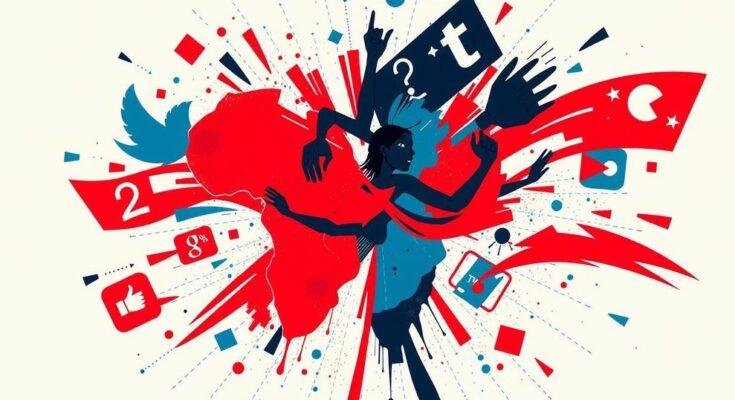 A vibrant abstract representation of East Africa's digital activism and regional tension, featuring symbolic elements of satire and ideas.