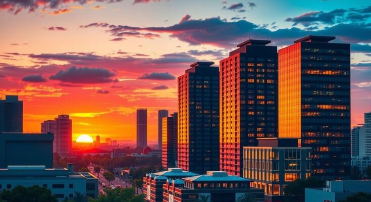 A vibrant skyline of Buenos Aires with financial buildings symbolizing economic hope and stability.