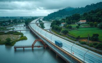 Flooded highways and farmlands in Argentina after heavy rainfall, depicting rural evacuations and natural scenery.