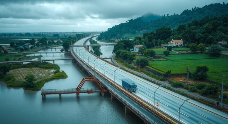 Flooded highways and farmlands in Argentina after heavy rainfall, depicting rural evacuations and natural scenery.