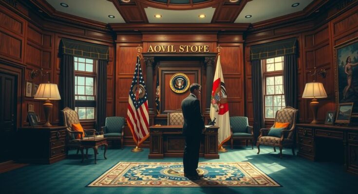 Tense diplomatic exchange in an iconic White House setting, featuring symbolic elements of politics and power.