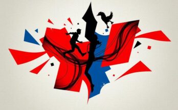 A symbolic representation of political division, with contrasting colors and abstract shapes signifying conflict.