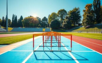 A serene athletics track with hurdles, surrounded by green trees and a blue sky, symbolizing training and pursuit of excellence.
