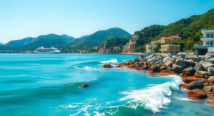 Calm coastal scene of Santiago de Cuba bay during an earthquake with waves gently lapping at the shore.