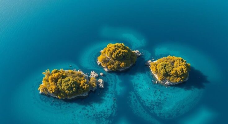 Aerial view of three uninhabited islands in ocean, showcasing serene waters and green vegetation under a clear sky.