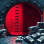 A visually striking illustration of a barren bank with piles of cash hoarded outside, in dark tones, symbolizing economic strain.