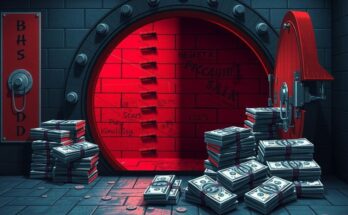A visually striking illustration of a barren bank with piles of cash hoarded outside, in dark tones, symbolizing economic strain.