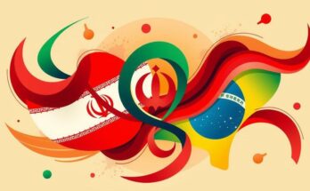 Artistic representation of diplomacy and cultural exchange between Iran and Brazil with abstract shapes and vibrant colors.
