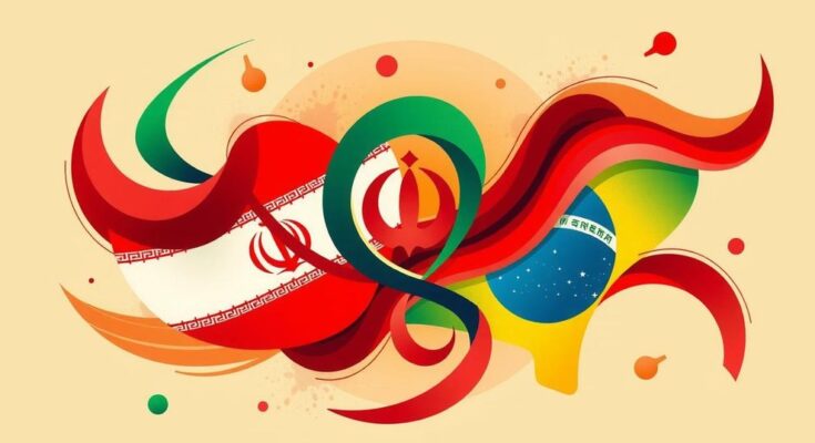 Artistic representation of diplomacy and cultural exchange between Iran and Brazil with abstract shapes and vibrant colors.