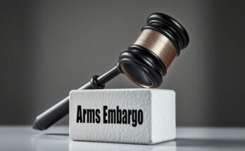 Illustration of a gavel striking a block symbolizing a political decision on arms embargo in a council setting.