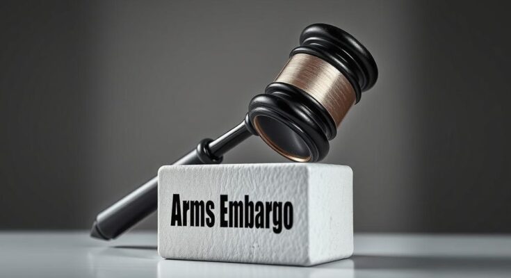 Illustration of a gavel striking a block symbolizing a political decision on arms embargo in a council setting.