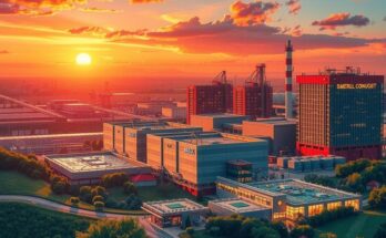 A vibrant industrial zone representing economic development with chip manufacturing elements and a sunset sky.