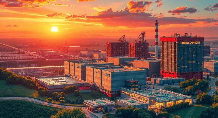 A vibrant industrial zone representing economic development with chip manufacturing elements and a sunset sky.