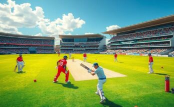 A vibrant cricket field scene with cricket equipment and colorful team uniforms under clear skies at Trent Bridge.