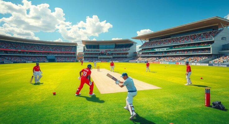 A vibrant cricket field scene with cricket equipment and colorful team uniforms under clear skies at Trent Bridge.