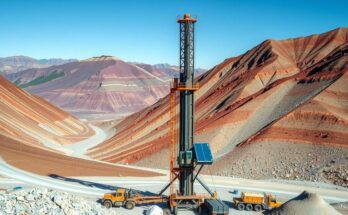 A drill rig in a mountainous landscape with copper and gold minerals in a vibrant color palette.