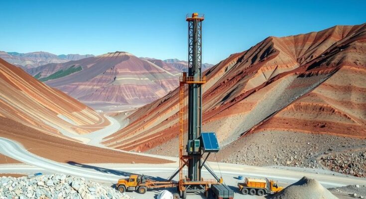 A drill rig in a mountainous landscape with copper and gold minerals in a vibrant color palette.