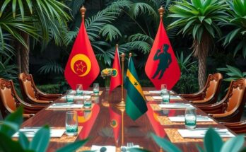 A diplomatic meeting table with flags of Senegal and Burkina Faso, surrounded by plants, symbolizing cooperation.