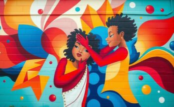 A colorful mural symbolizing unity and diversity with abstract shapes representing various cultures.