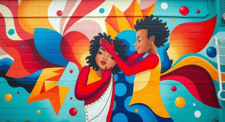 A colorful mural symbolizing unity and diversity with abstract shapes representing various cultures.