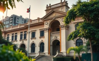 Historic building repurposed for gold trade operations in Ghana, showcasing classical architecture and vibrant nature.
