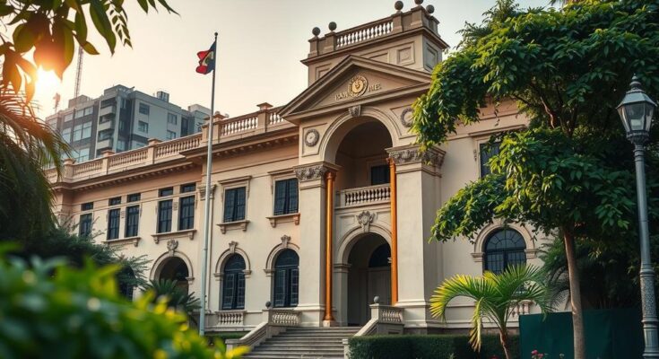 Historic building repurposed for gold trade operations in Ghana, showcasing classical architecture and vibrant nature.