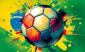 Colorful abstract representation of soccer ball and Brazilian flag with vibrant colors symbolizing leadership and sports.