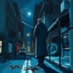 A dark and tense urban street at night, with abstract shadows representing conflict and division.