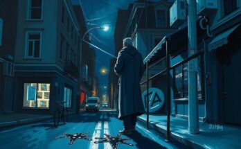 A dark and tense urban street at night, with abstract shadows representing conflict and division.