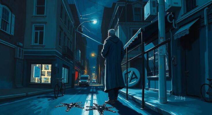 A dark and tense urban street at night, with abstract shadows representing conflict and division.