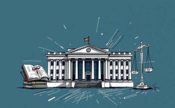 Illustration of Ugandan parliament building surrounded by symbolic elements of law and governance, with dark colors.