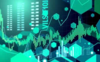 A digital art representation of a financial market with abstract shapes and green and blue tones.