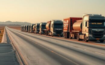 Trucks lined up on a road during a protest, capturing the essence of solidarity and dissent.