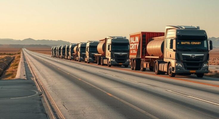 Trucks lined up on a road during a protest, capturing the essence of solidarity and dissent.