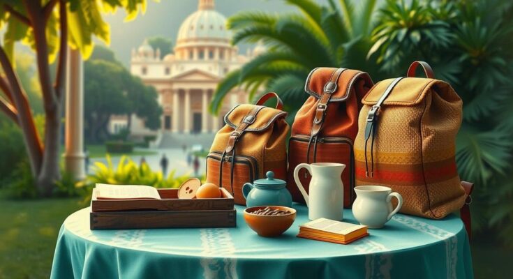 A serene Vatican scene depicting peace discussions with a focus on cultural symbols and natural beauty.