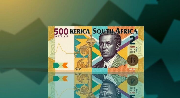 Depiction of South African rand currency on a reflective surface with financial graphs in the background.