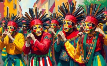 Colorful parade in Bolivia with traditional flutes and vibrant masks celebrating political activism.