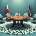 Symbolic representation of peace talks in a neutral setting with a round table, olive branches, and flags of Russia and Ukraine.