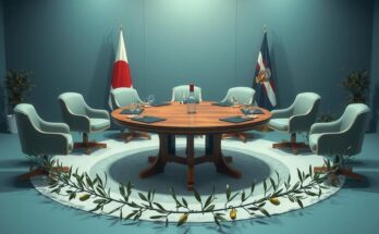 Symbolic representation of peace talks in a neutral setting with a round table, olive branches, and flags of Russia and Ukraine.