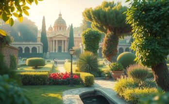 A serene view of the Vatican Gardens symbolizing hope and peace, with lush greenery and gentle light.