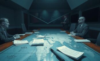 A tense diplomatic meeting scene with flags, documents, and a map highlighting the Middle East.