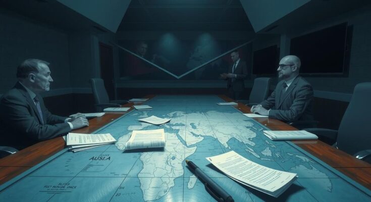 A tense diplomatic meeting scene with flags, documents, and a map highlighting the Middle East.