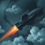 A missile against a stormy sky, captured in a dramatic sci-fi illustration.